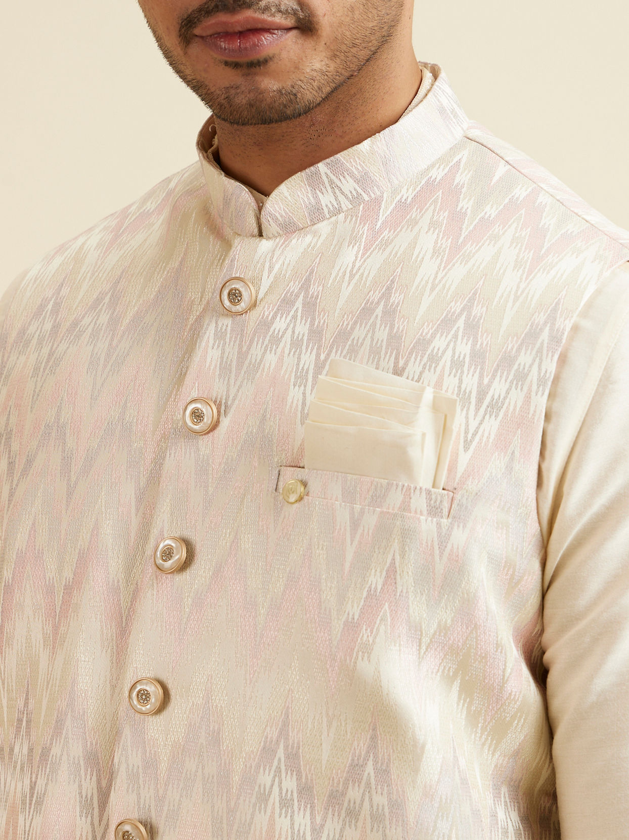 alt message - Manyavar Men Soft Pink Chevron Patterned Jacket image number 1